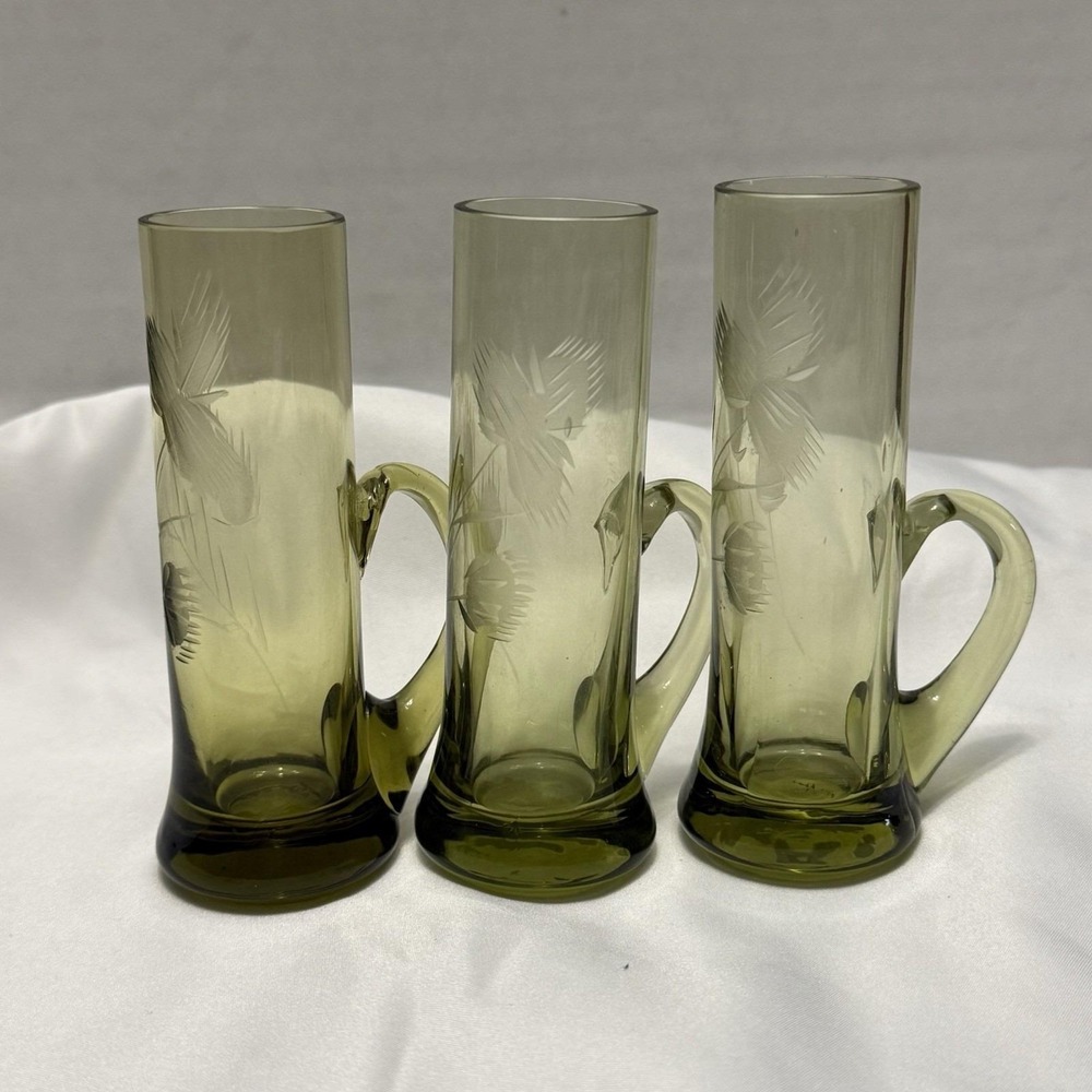 Set of 3 Green Etched Floral Design Bohemia Shot Glasses w/ Handles